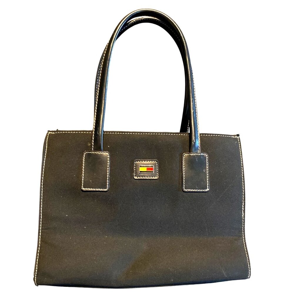 Tommy Hilfiger Womens Black Canvas Bag With Red Interior & Leather Handles